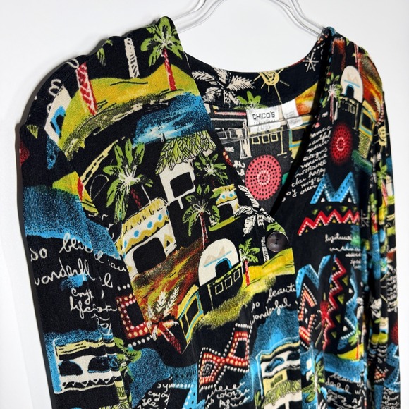 Chicos Travelers Womens LS V-Neck Tropical Village Print Top Medium (Chico's 1) - Picture 3 of 8
